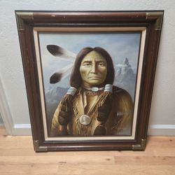 S. Garcia Original Oil Canvas Painting Framed 31x26" Native American Portrait