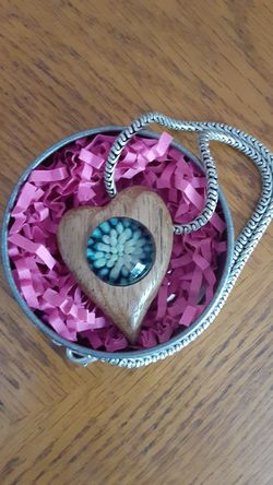 Unique wooden heart necklace in metal gift box
