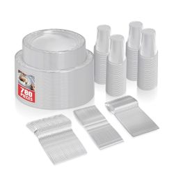780 Piece Clear Plastic Dinnerware Set, Service for 120 Guests, Heavy Duty Every Day Use Plastic Plates, Cups, and Utensils, Reg.. Retail Price $59.99