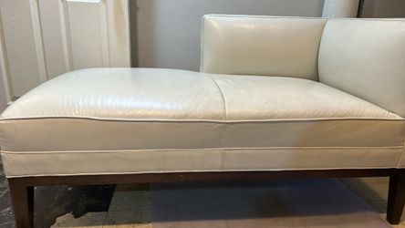 Cream Leather Sofa with Wood Base