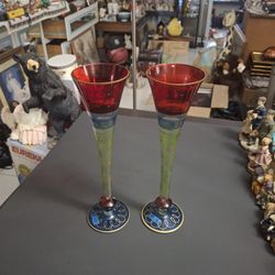 Set Of 2 Hand-painted & Mouth Blown Bohemian Style Champagne Flutes Festive Colorful Design Red Bowl, Blue Accent Ring, Green Stem & Gold Spirals 