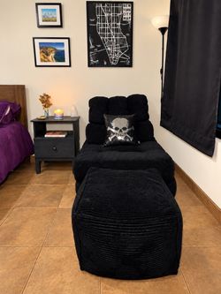 Black Velvet Accent Futon Chair with Pouf Ottoman