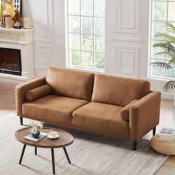79" Brown Faux Leather Couch for Living Room, Mid-Century Modern Sofa Comfy 3 Seater Sofa w/2 Pillows, Cloudlike Cushion, 21" Deep Love Seat for Offic