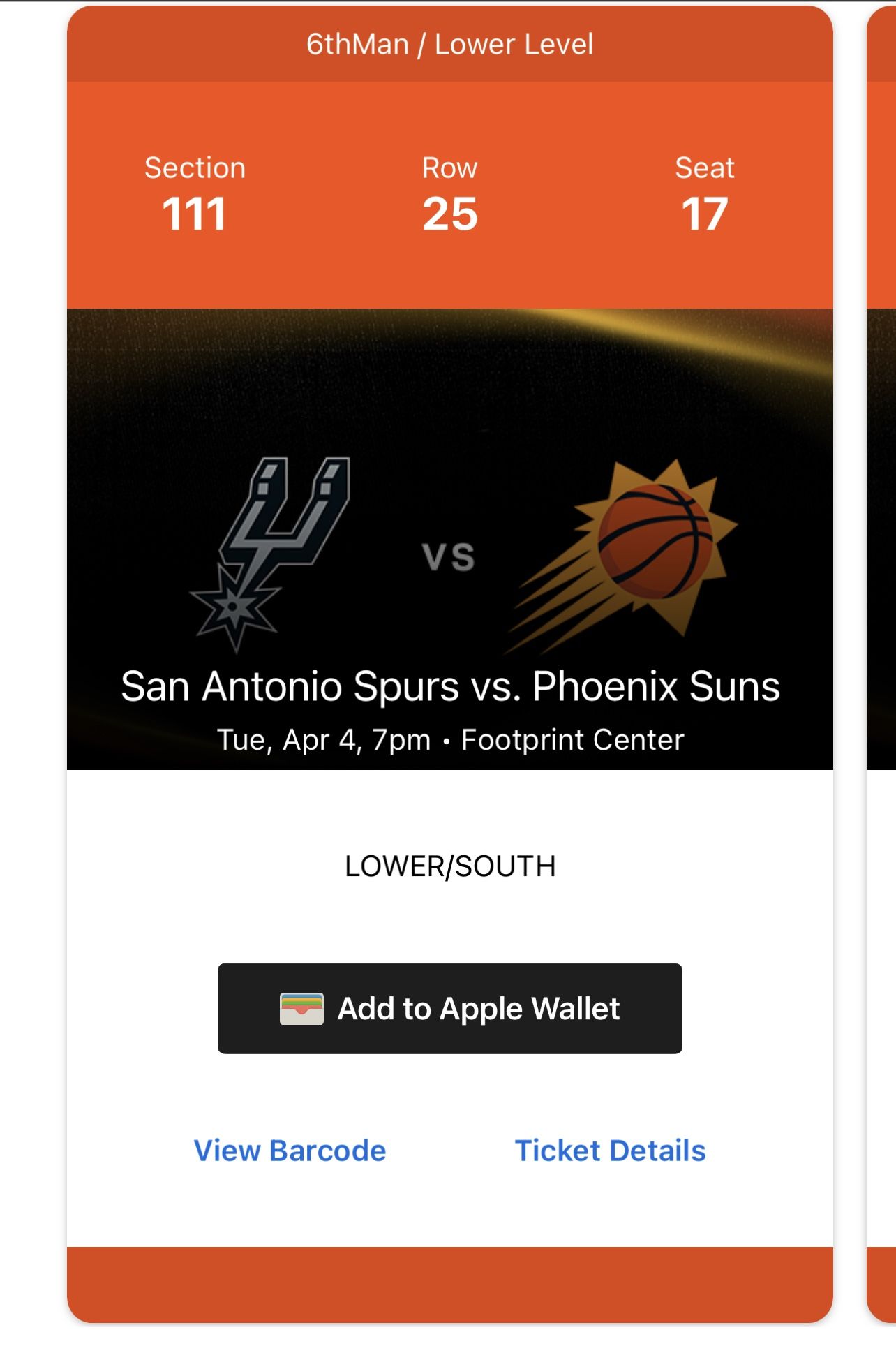 Phoenix Suns vs San Antonio Spurs - Single Lower Level Ticket