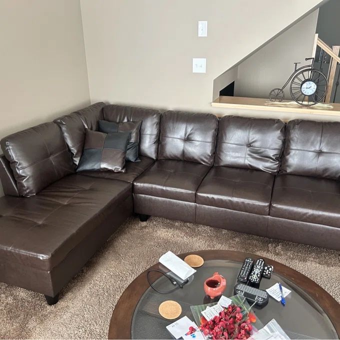Brown Leather Sectional Couch Set And Ottoma