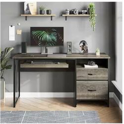 55 in. Desk with 2 Drawers Industrial Style Office Desk with Keyboard Tray Dark Retro Grey Oak