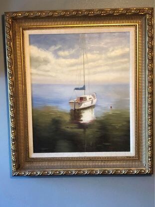 Signed Ramsay, Boat on the water, oil painting, mid 1900s, framed