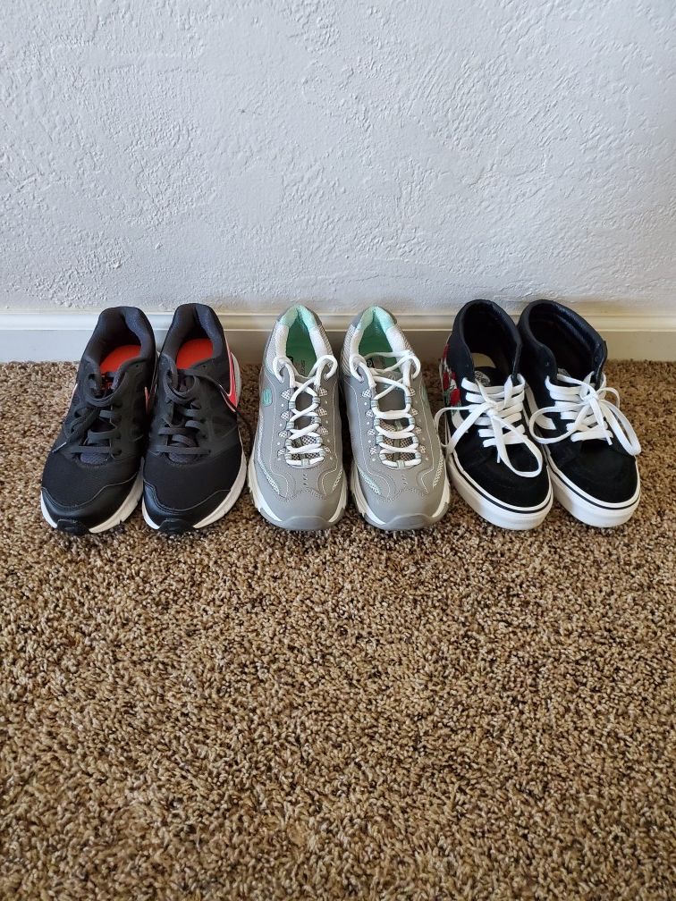 3 pairs of Women's shoes" Nike Downshifter 6 and Sketchers D'Lites air cool memory foam and Vans Shoes As a bundle.