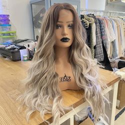 Human hair blend lace front ash blonde ombre wavy wig