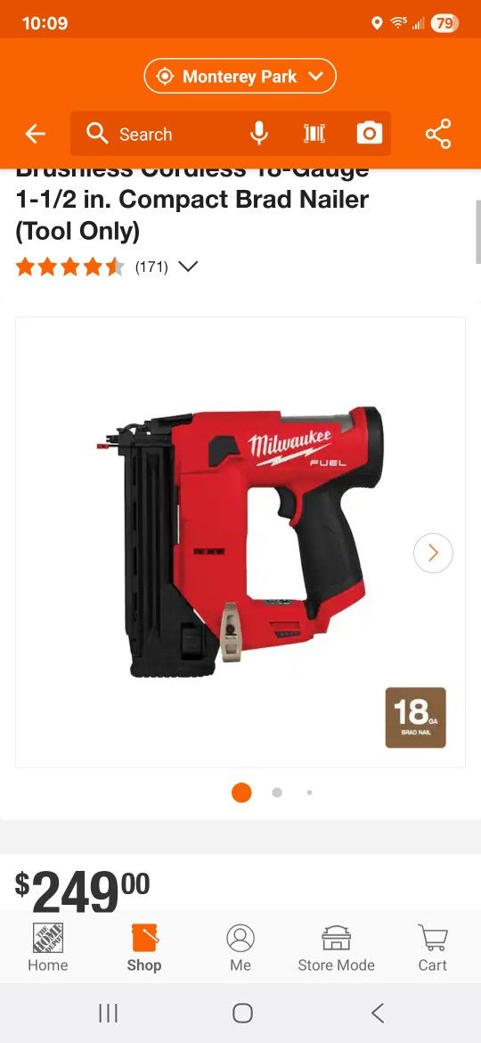 Milwaukee
M12 FUEL 12-Volt Lithium-Ion Brushless Cordless 18-Gauge 1-1/2 in. Compact Brad Nailer (Tool Only)