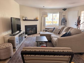 Entire Living Room - Couch, TV console, large overhang lamp, side chair, coffee table