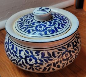 Vintage HEAVY Lidded Serving Dish * Handmade Ceramic * 8x8x5 * Blue and White