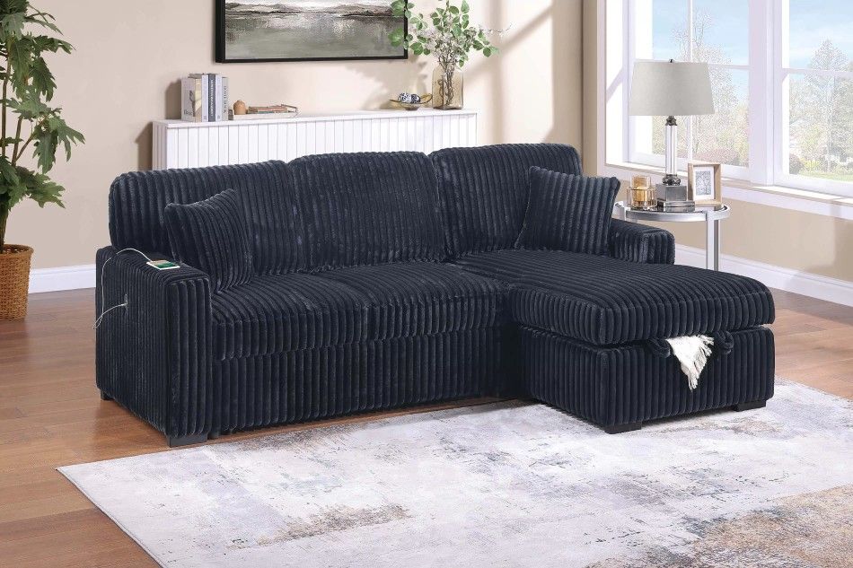 Brand New Black Corduroy Convertible Sectional
Pull Out Sofa with Fold Down Table & Cup Holder + USB Port + Storage Chaise (92" x 60" x 37"H)(