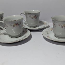 Vintage Ping's China Tea Cup & Saucer Set of 4 - Rose Floral Pattern - Gold Trim
