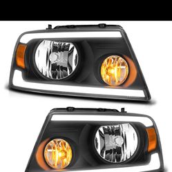 LED DRL Headlights for Ford F-150 2004 2005 2006 2007 2008, 06-08 Lincoln Mark LT Replacement LED Headlamp, Black Housing with Amber Reflector