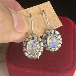925 Sterling Silver , Genuine Moonstone Drop Hook Earrings , Beautiful!! Lots Of Blue !! Marked 925 