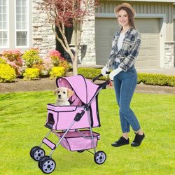 Foldable Dog Stroller, 4 Wheel Pet Stroller with Storage Basket, Handle 360° Front Wheel Rear Wheel with Brake for Small Medium Dogs & Cats