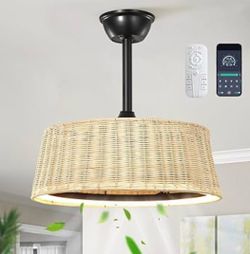 New 20”Fandelier Ceiling Fan with Light& Remote Woven Rattan Fan Dimmable LED Reversible Motor