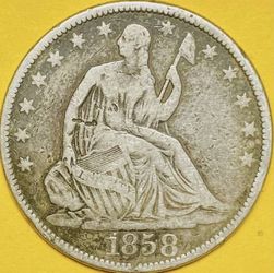 1858 U.S. SEATED LIBERTY SILVER HALF DOLLAR 50c COIN (Fine)
