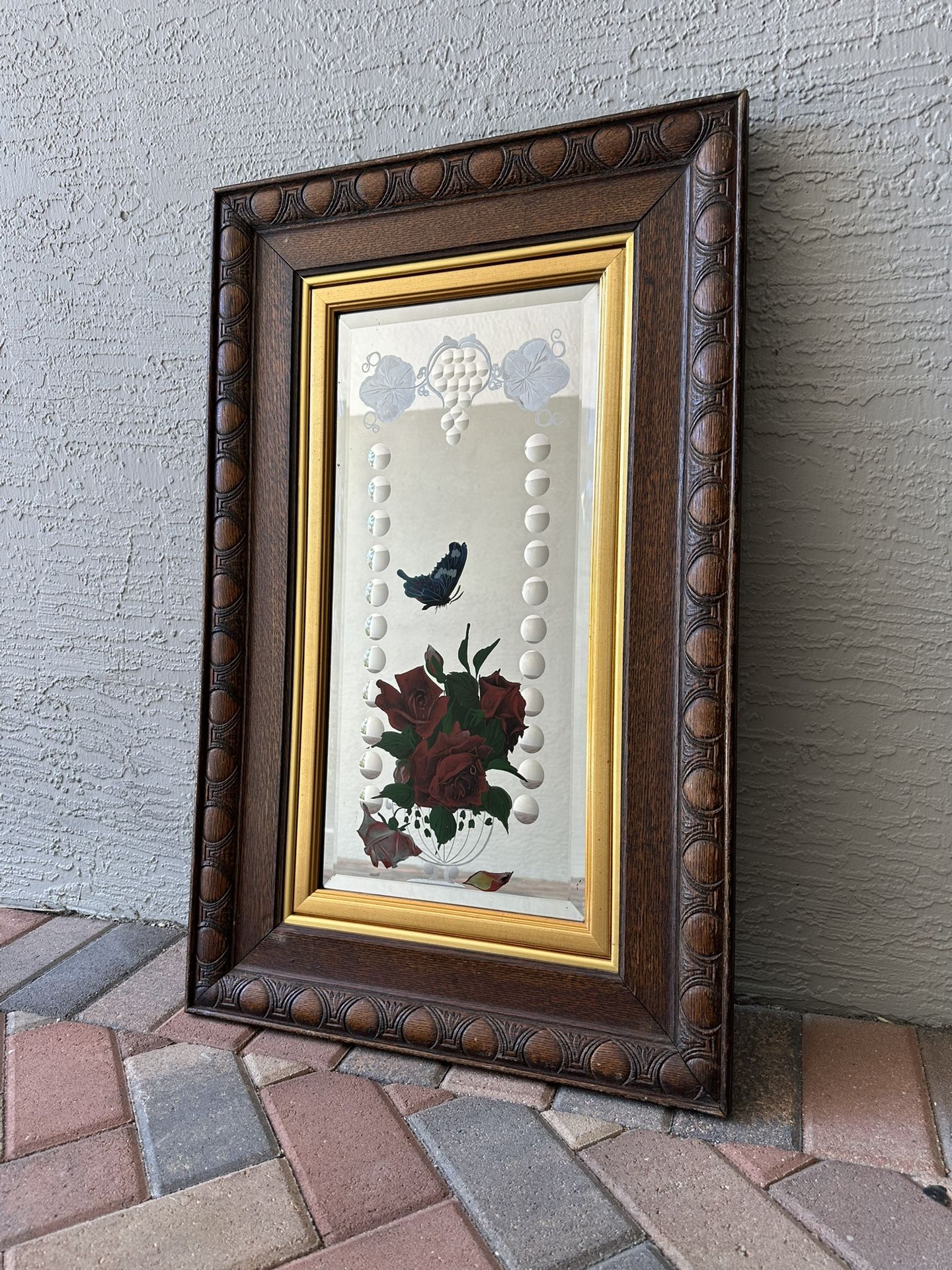 Antique Victorian Painted Bubble Glass Floral Wall Art Mirror Framed