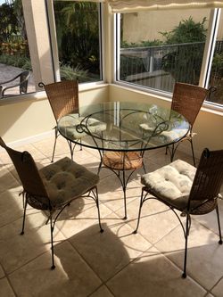 Breakfast Table, Six Chairs with Seat Cushions, Heavy Beveled Glass Top