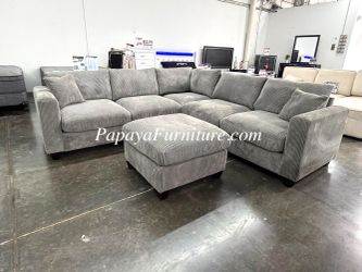 NEW Gray Fabric Corner Couch and Ottoman Set Gray Sectional Sofa Living Room Spacing Saving Apartment Size Modern Contemporary Designer Cosy Many Co