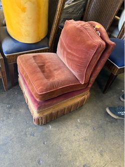 Vintage Velvet Slipper Chair / Lounge Chair with Fringe Trim