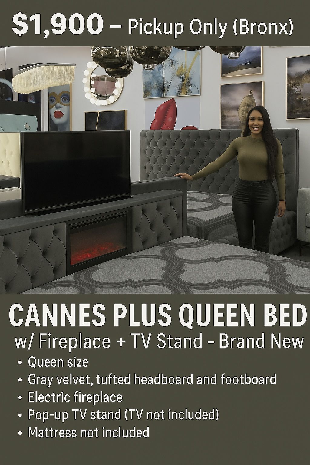 Cannes Plus Gray Queen Bed w/ Fireplace + TV Stand – $1,900 (negotiable) – Pickup Only (Bronx)