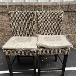 Wooden high stool with woven rattan seat and high back, brown and black  Vietnam 