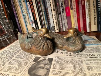 Pair of Brass Mandarin Ducks Figurines - Chinese Ducks Statues with Wealth Seal Marks, Feng Shui Love Birds, 16cm