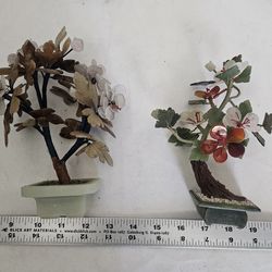 2 Vintage Chinese gemstone Bonsai Trees earthy jade and red agate