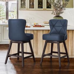 26 in. Navy Blue Wood Frame Counter Bar Stool Faux Leather Upholstered Swivel Bar Stool (Set of 2)