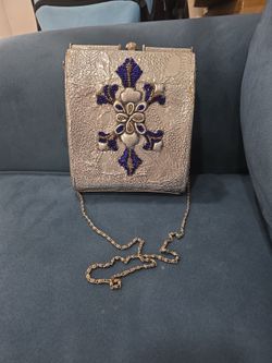 RARE Vintage Artisan Silver Box Clutch Blue & Iridescent Beaded Cross Evening Bag