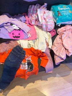 ize 2T girl's clothing (priced individually); diapers in sizes 1 and 2, plus a few in size 4. The clothing includes 8 pairs of pants, 10 tops, 8 jacke