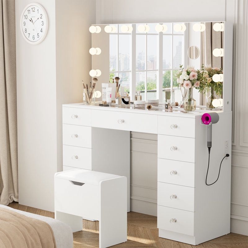 Vanity With 11 Drawers & Lighting Bulbs, Storage Stool & 10X Magnifying Mirror