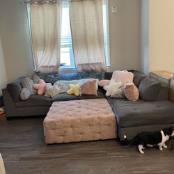 Grey Green Sectional With Pink Ottoman