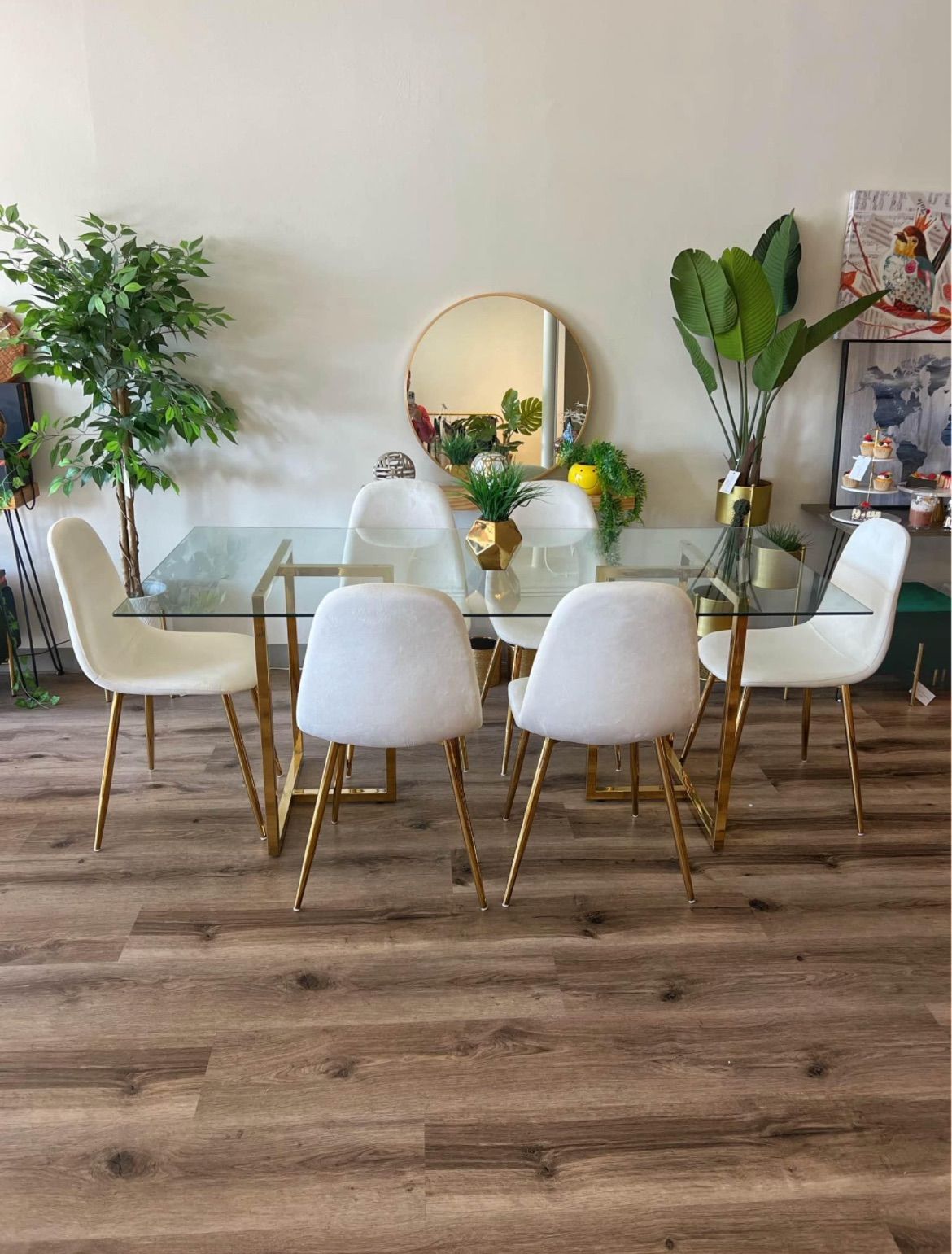 Big Glass Dining Table and 6 Cream Chairs