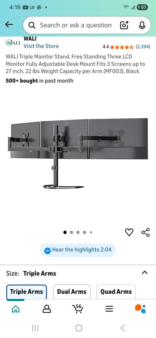 Triple Monitor Stand, Free Standing Three LCD Monitor Fully Adjustable Desk Mount Fits 3 Screens up to 27 inch, 22 lbs Weight Capacity per Arm (MF003)