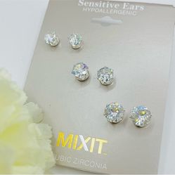 NWT Mixit Women's Cubic Zirconia Hypoallergenic Silver Stud Earrings - 3 pairs