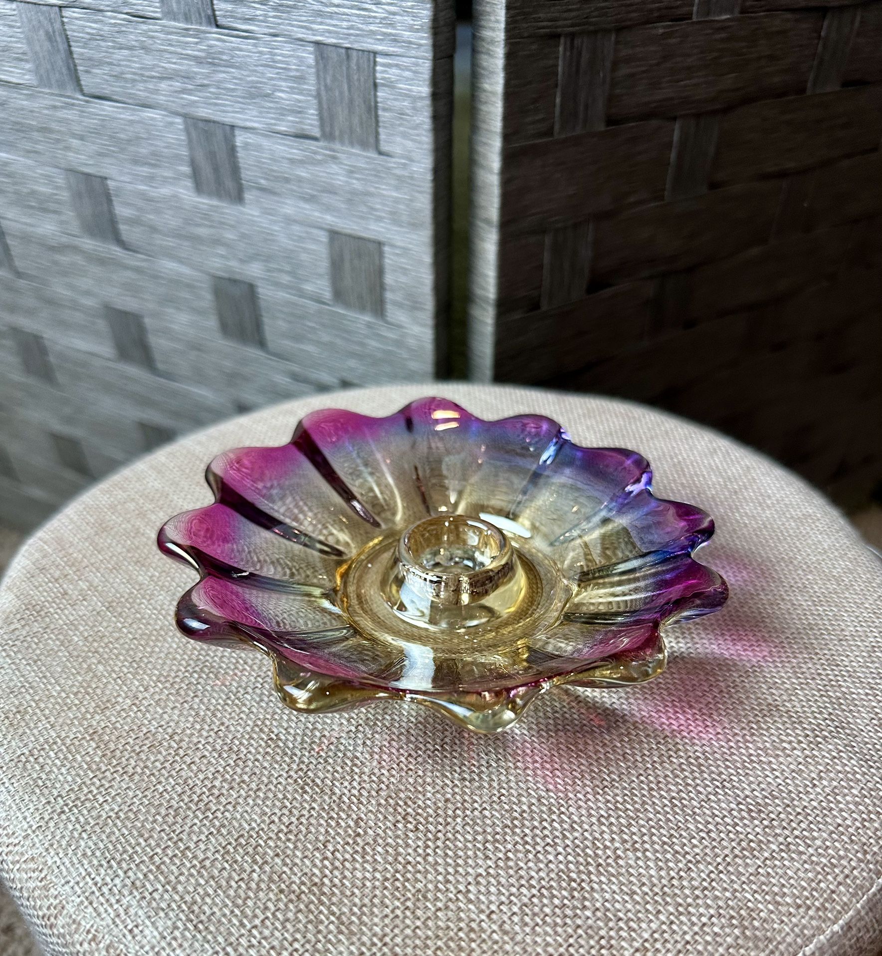 Mid-Century Fostoria Celestial Marigold Floral Glass Iridescent Candle Holder