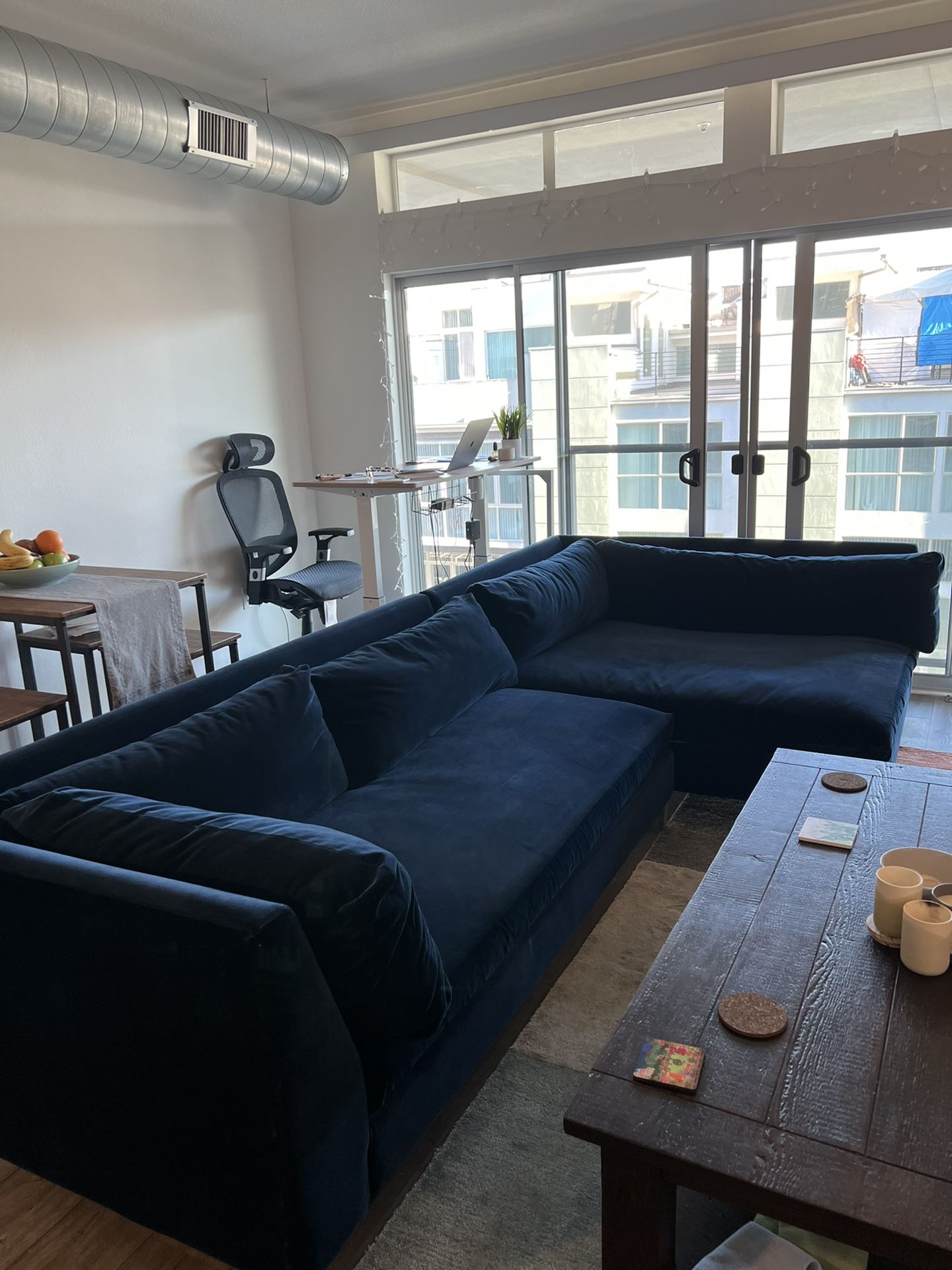 CB2 Decker Velvet Blue Sectional Sofa