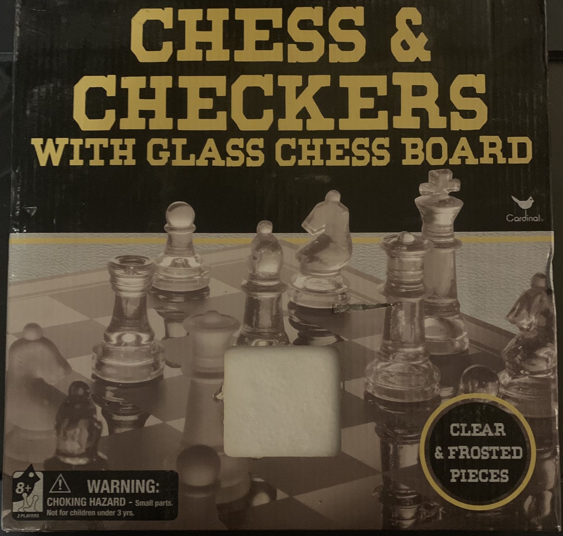 Cardinal Glass Chess & Checkers Set NEW 10" Board w Clear & Frosted Pieces