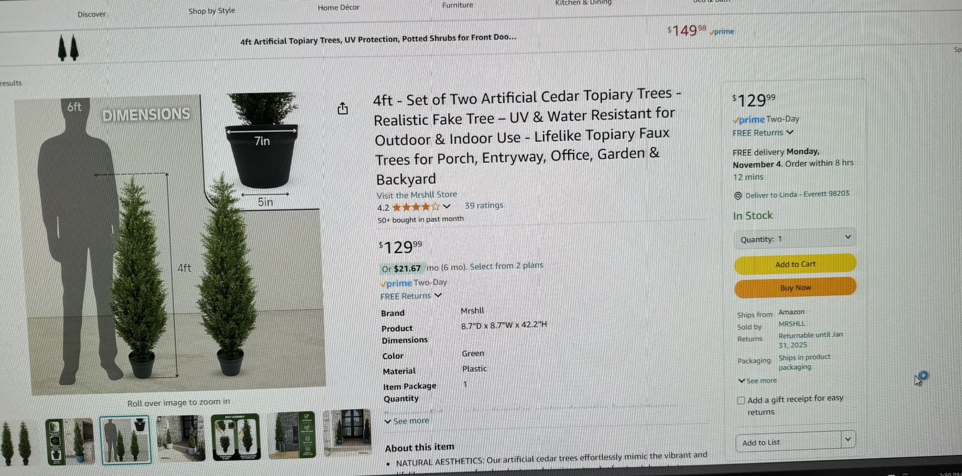 4’- Set of 2 Artificial Cedar Topiary Trees