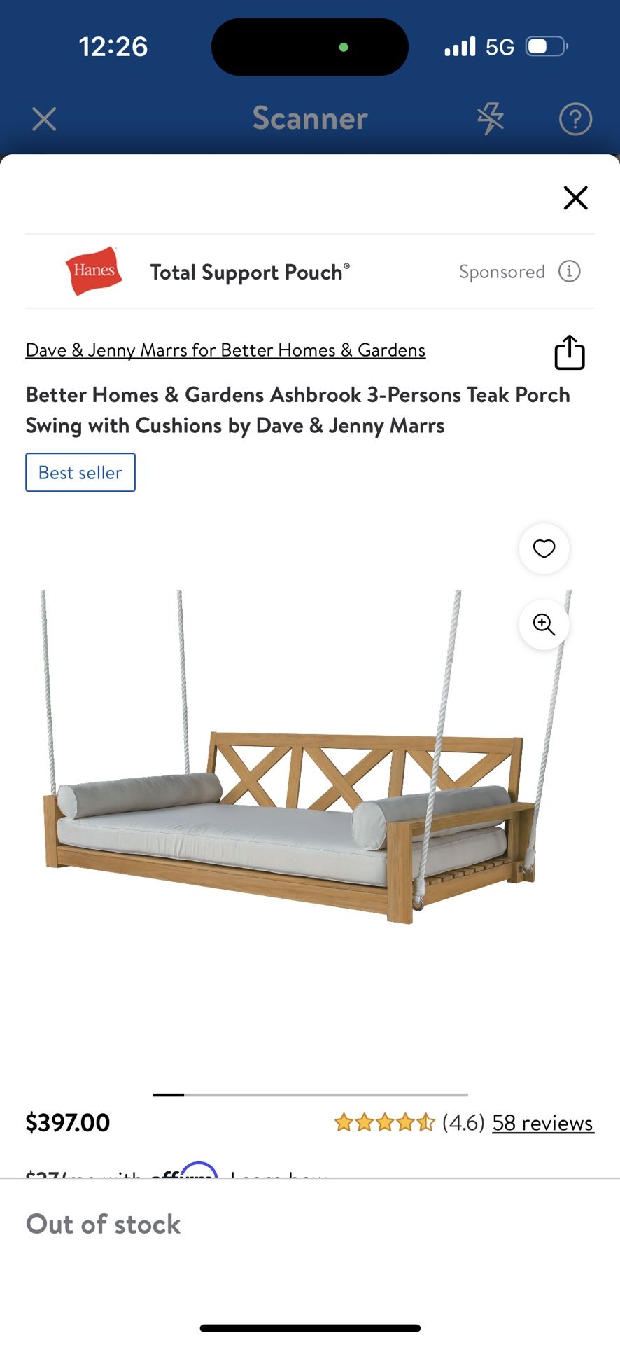 Better Homes & Gardens Ashbrook 3-Persons Teak Porch Swing with Cushions by Dave & Jenny Marrs