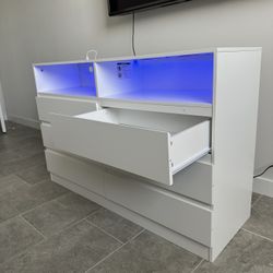 Six Drawer Double Dresser With Power Outlet Accent Chest Of Drawers With Led Light, Modern White Storage Dresser Charging Station Usb