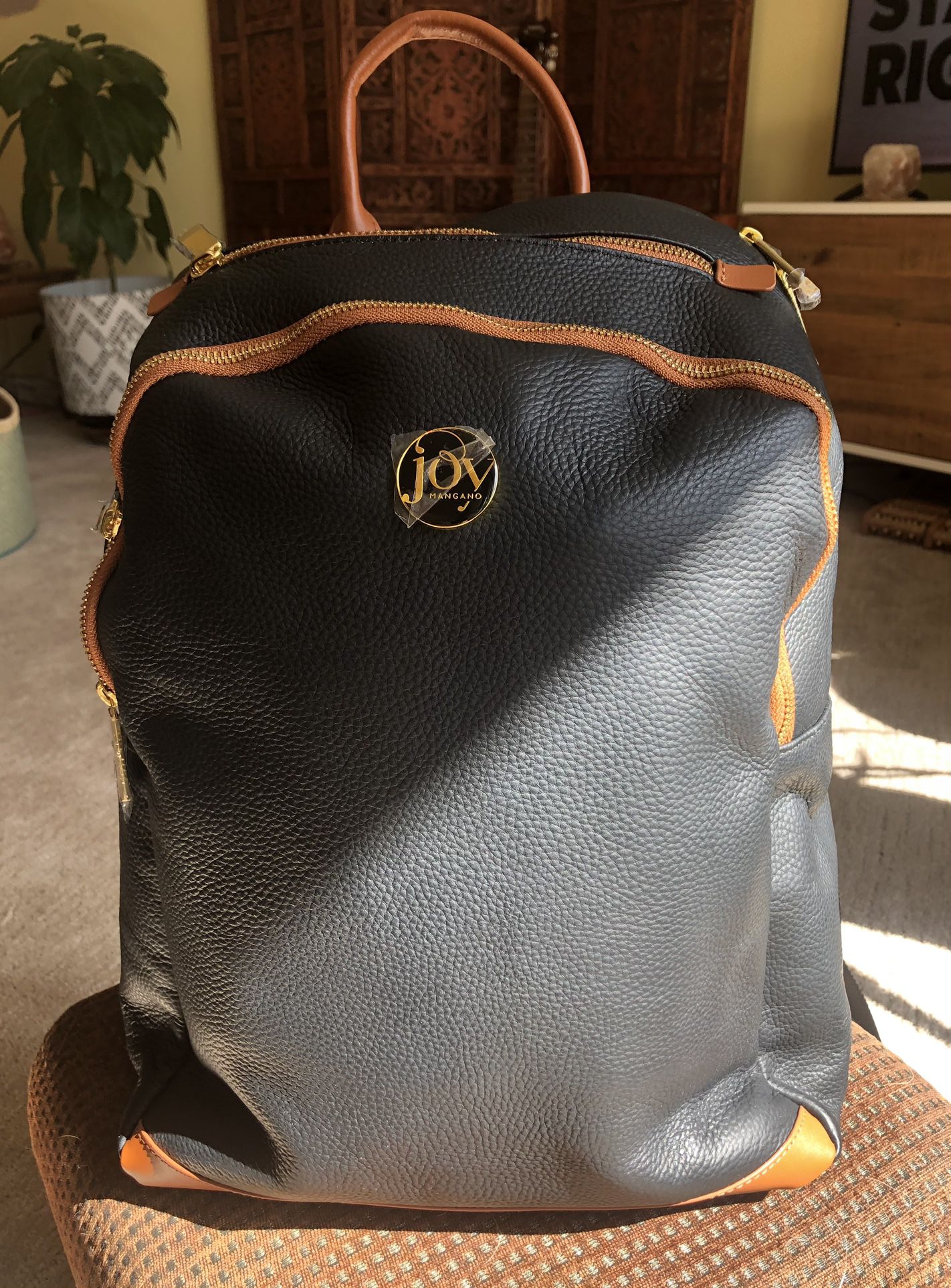 Joy Mangano Black Pebbles Leather Laptop Backpack With Brown Leather Trim 