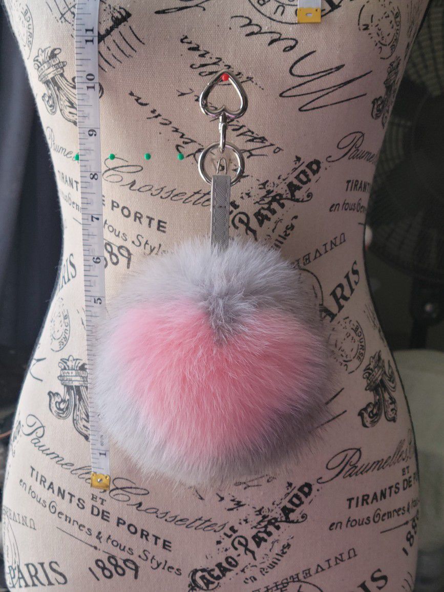 10" Long Grey w/Pink Heart Fur (6 1/2") Pom Pom Keychain + 2 Fur Freebies 