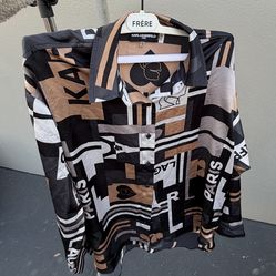 Karl Lagerfeld Paris Black Beige Graphic Print Button-Up Shirt M Designer