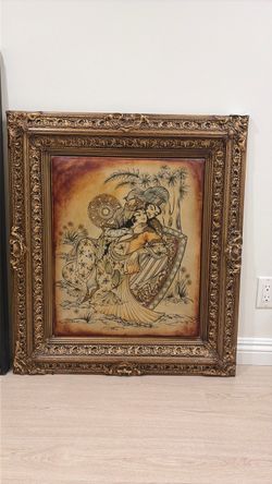 Vintage Asian-Inspired Artwork with Ornate Gold Frame