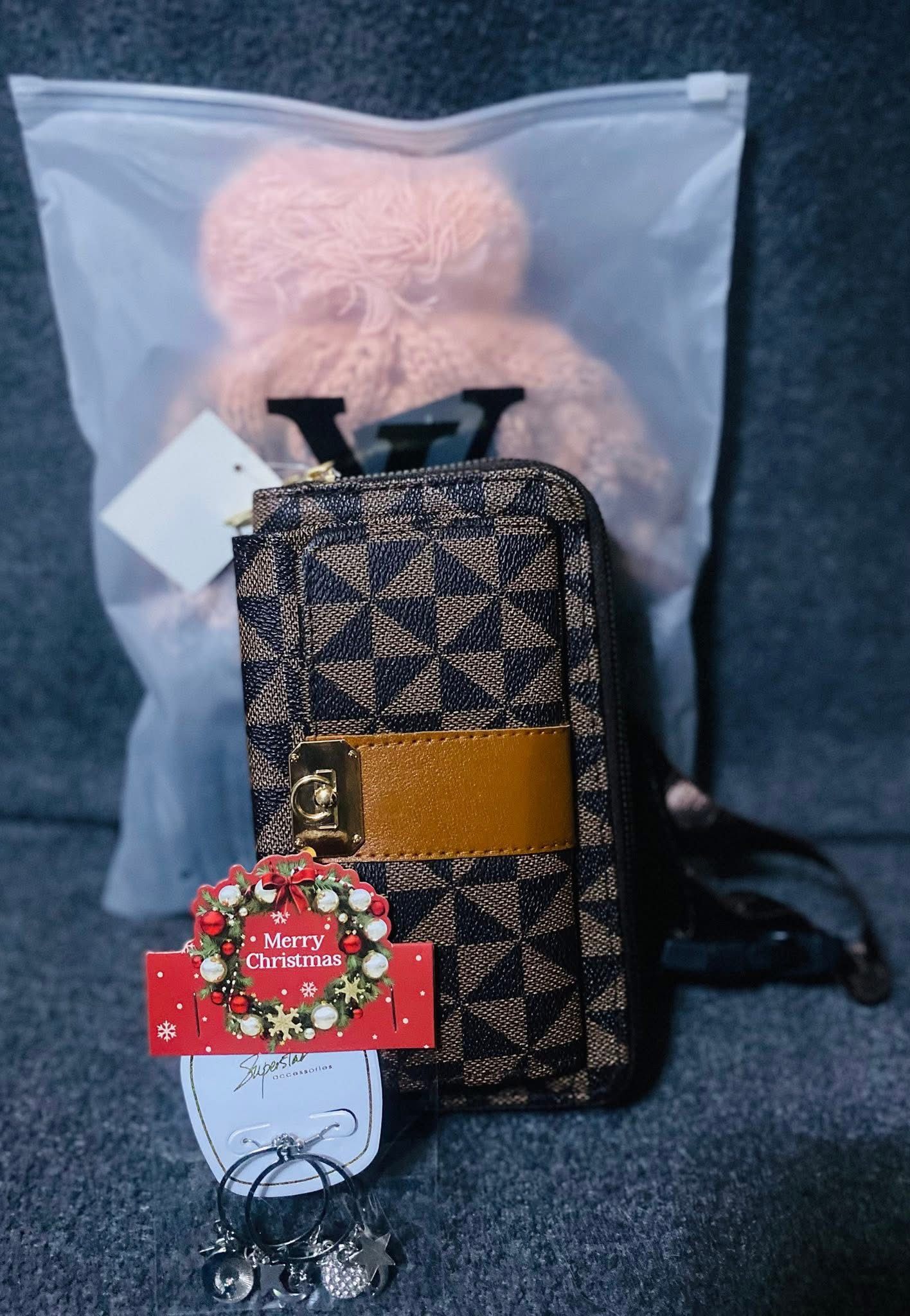 Brown and black hip bag with Beanie and Earrings